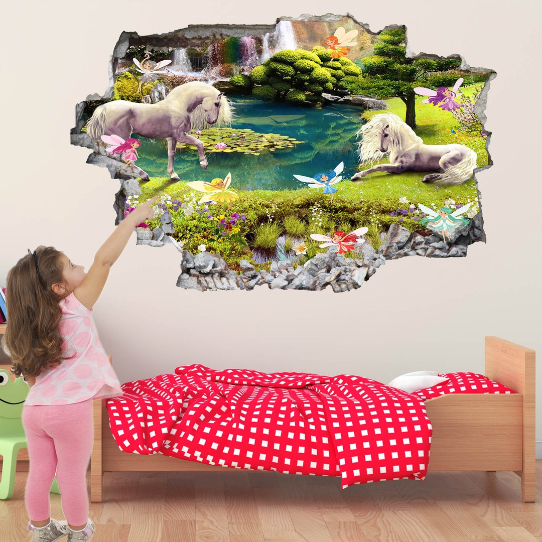 Unicorn Fairies Enchanted Forest Fantasy Wall Sticker Mural Decal Print ...