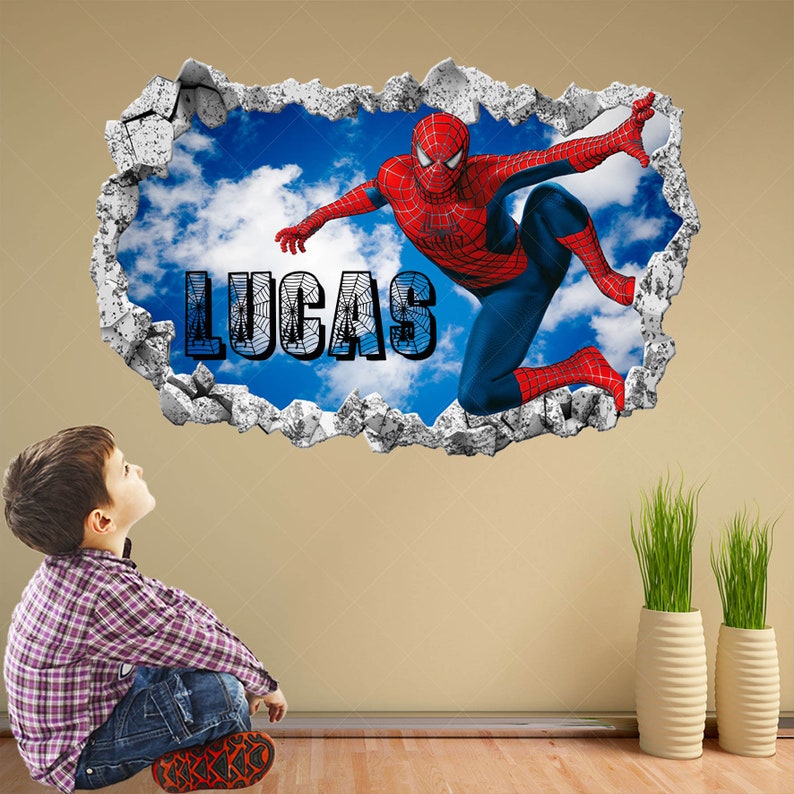 Spiderman super-héros nom personnalisé sticker mural autocollant mural affiche impression art enfants garçons chambre décor EA122 image 2