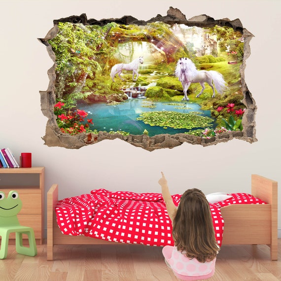 Unicorn Enchanted Forest Fantasy Wall Sticker Mural Decal Print Art Kids Girls Bedroom Decor Az1
