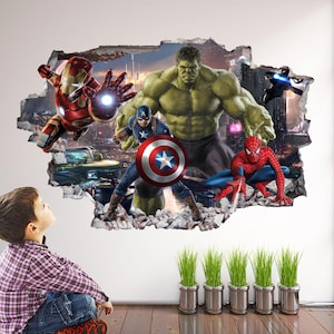 Sticker mural super-héros pour chambre de garçon | Art mural mural | Spiderman Iron Man Hulk Captain America - EA62