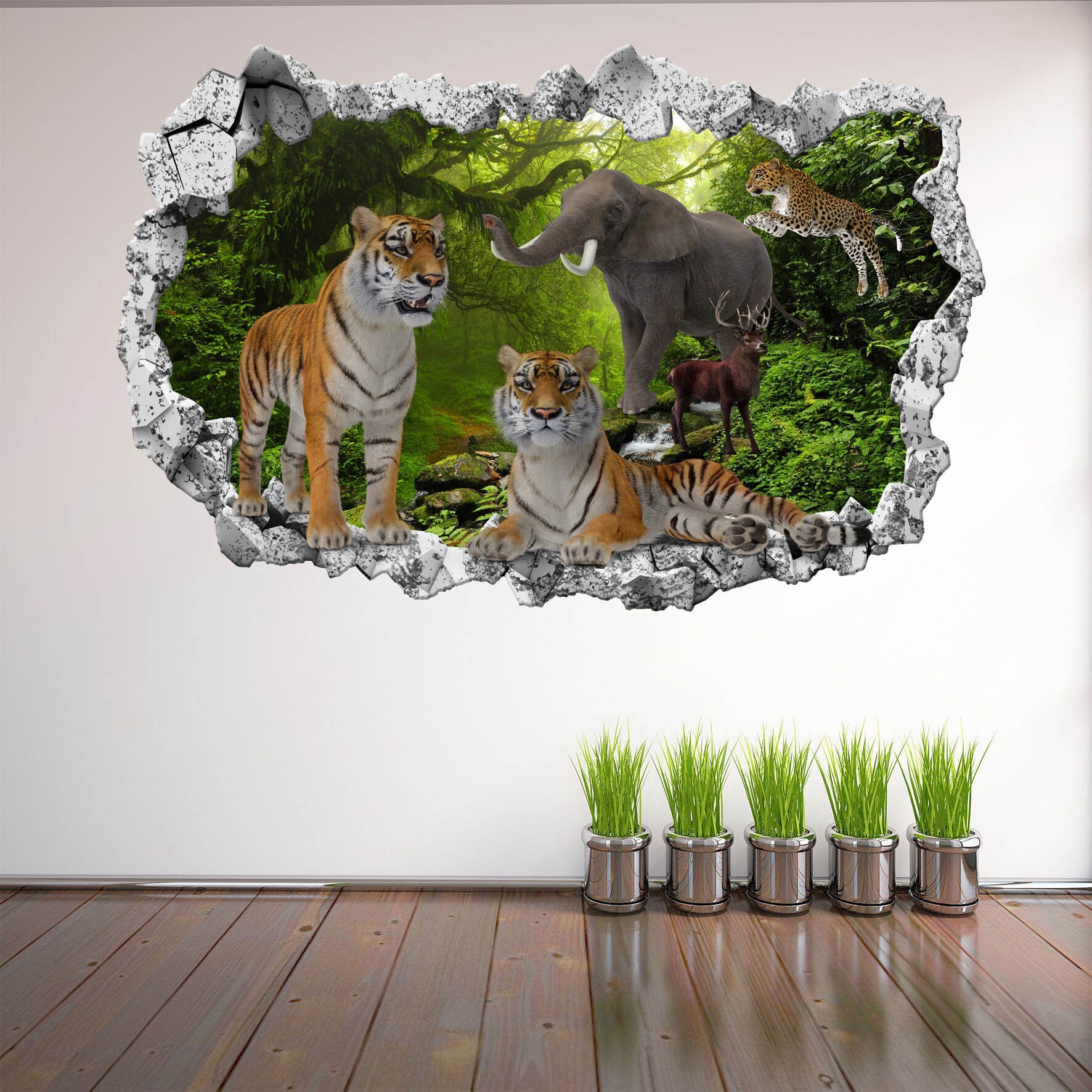 Tiger Elephant Tropical Forest Tree Wildlife Wall Decal Sticker Mural Poster Print Art Home Decor Wild Animal Jungle KR7