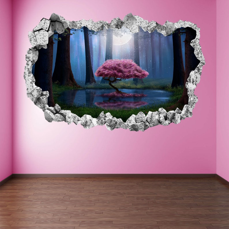 Tree Pond Foggy Forest Moon Wall Decal Sticker Mural Poster Print Art ...