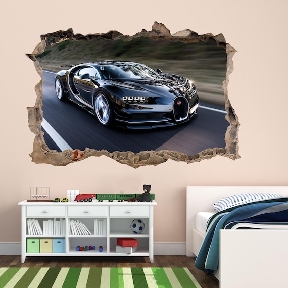 Cool Blue Bugatti Car Wall Smash Decal Sticker 3D Bedroom Vinyl Mural Art 
