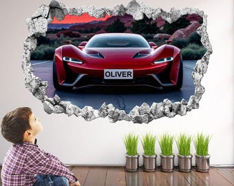 Personalised Red Supercar Wall Decal: Custom Kids' Names, Bedroom Sticker Art Mural