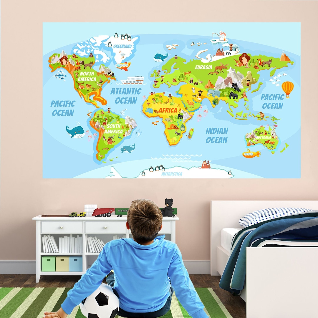 Animals World Map Wall Decal Sticker Mural Poster Print Art Kids ...