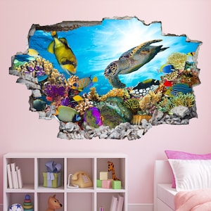 Sea Turtle and Coral Reef Wall Sticker for Kids Bedroom | Underwater Ocean Wall Decal | Nursery Wall Art Decor - BZ45