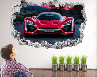 Personalised Red Supercar Wall Sticker: Custom Kids' Names, Bedroom Decal Art Mural