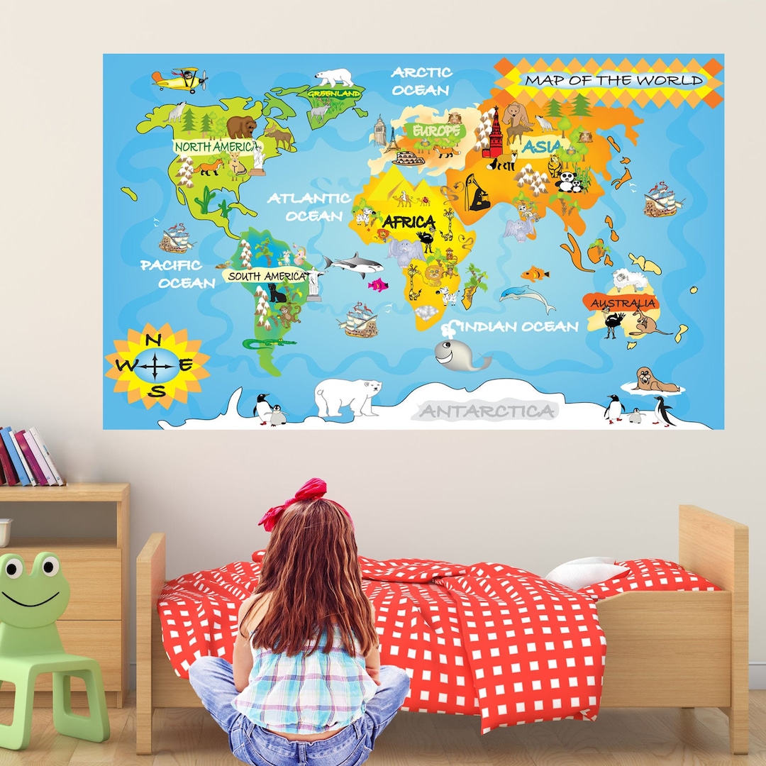 Animals World Map Wall Decal Sticker Mural Poster Print Art Kids ...