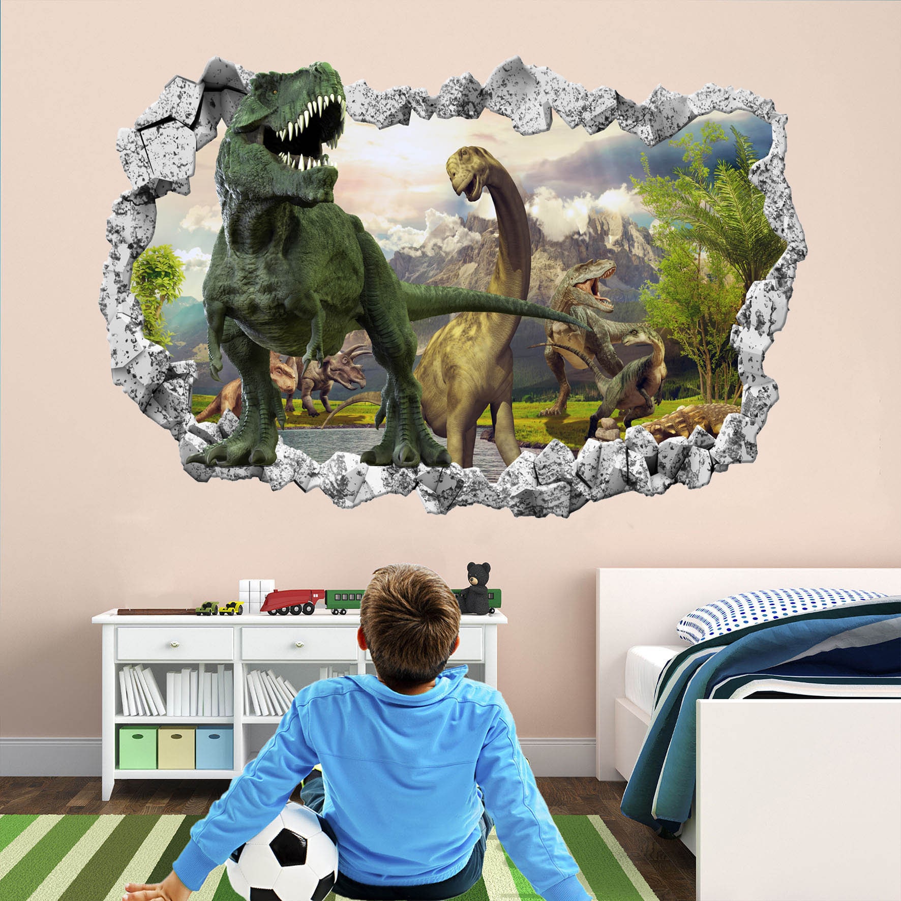 T-Rex Dinosaur Jumping out of wall. 3D Graphic Wall Decal Sticker. Pee –  StickerBrand