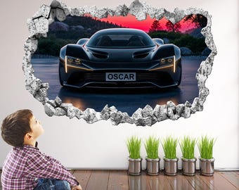 Personalised Black Supercar Wall Sticker: Custom Kids' Names, Bedroom Decal Art Mural