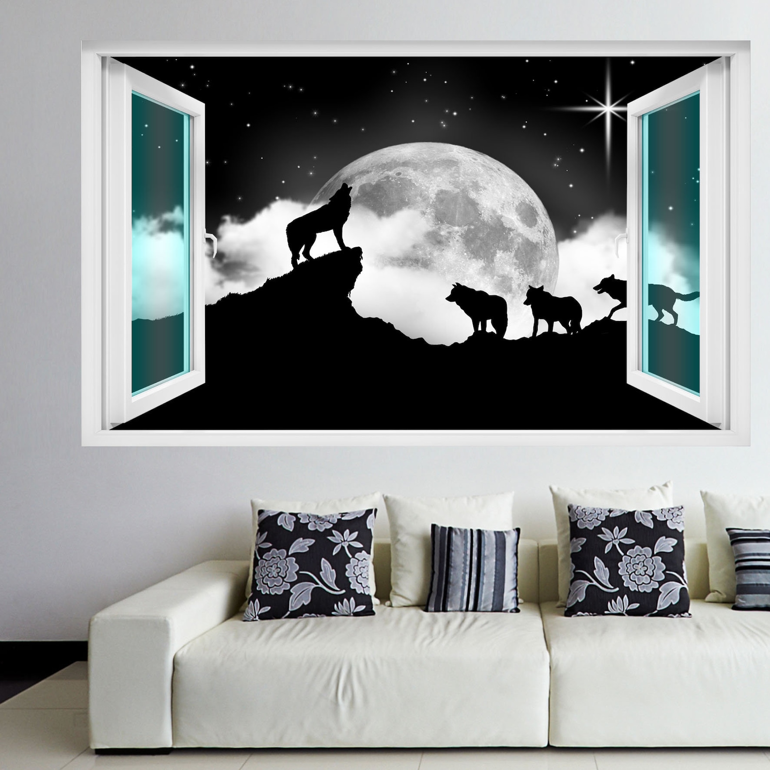 Wolf Wolves Howling Moon Stars Wall Sticker Mural Decal Print Art ...