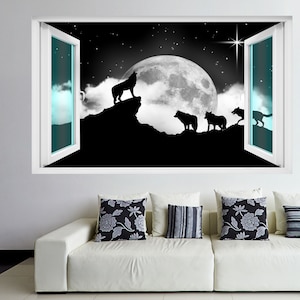 Wolf Wölfe Howling Moon Stars Wandaufkleber Wandtattoo Print Art Silhouette Wolf EJ11
