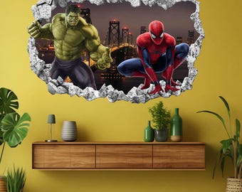 Superhero Wall Decal Sticker for Kids Bedroom | Spiderman and Hulk Mural | Print Art Decor