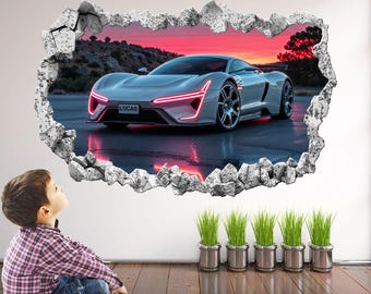 Personalised White Supercar Wall Decal: Custom Kids' Names, Bedroom Sticker Art Mural