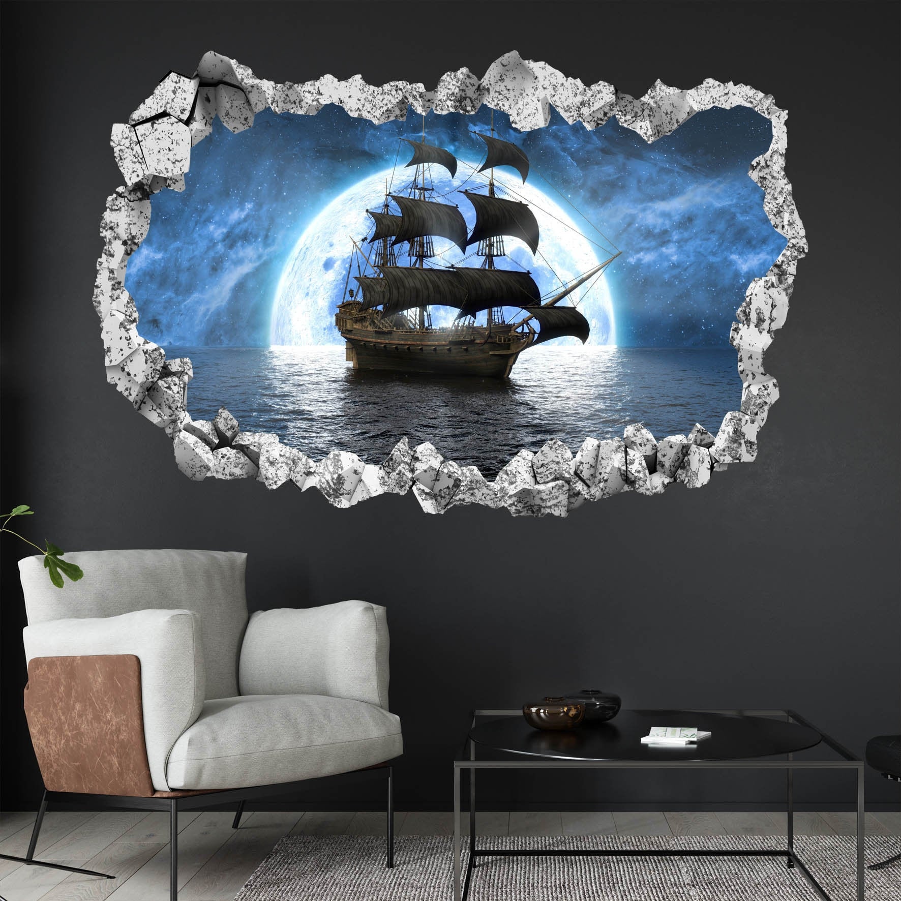 Pirate Sailing Ship Moon Wall Decal Sticker Mural Poster Print Art Home ...