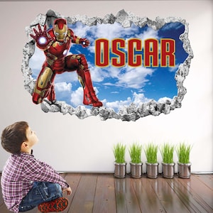 Iron Man Superhero Personalised Name Ironman Wall Decal Sticker Mural Poster Print Art Kids Boys Bedroom Decor EA133
