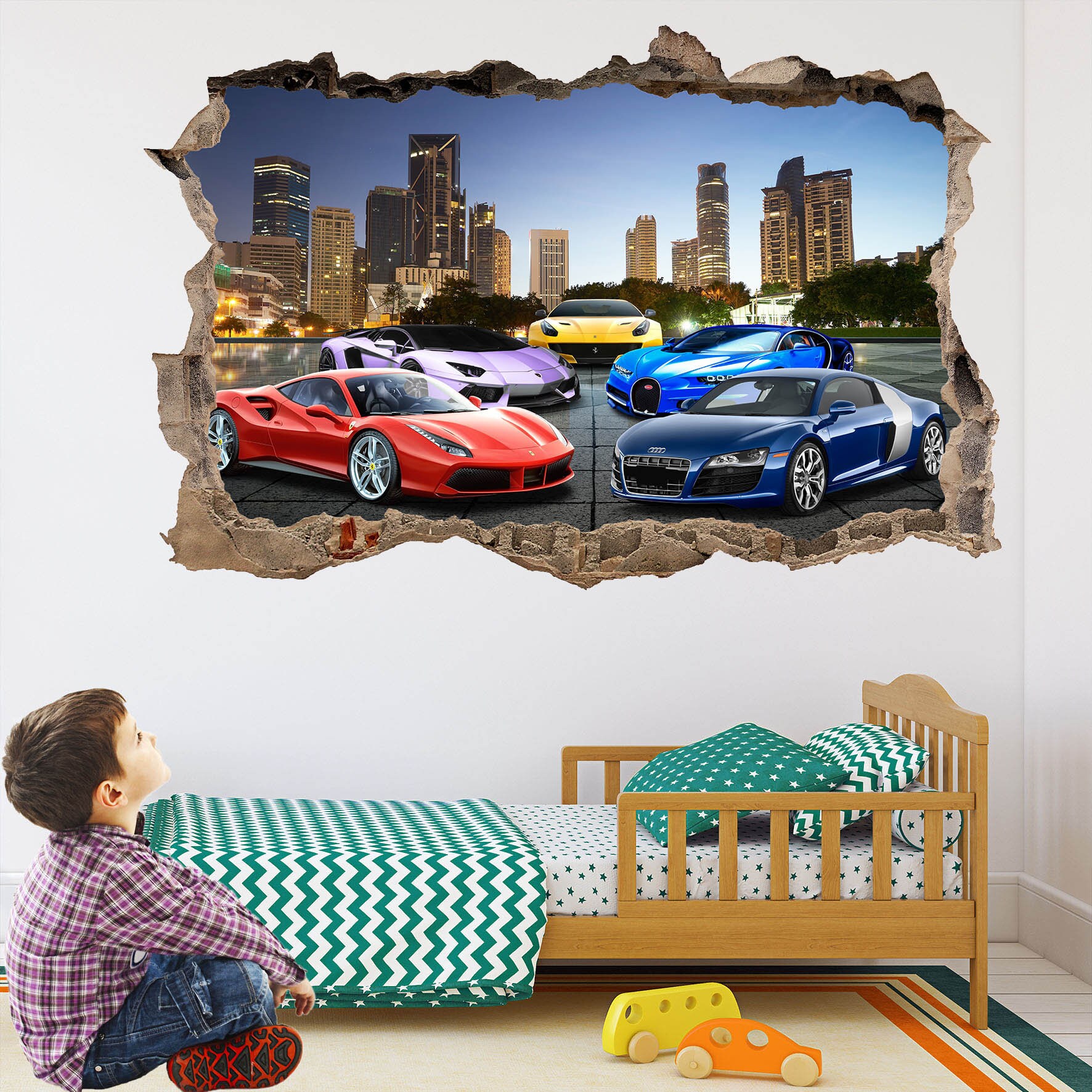 Stickers Muraux Voiture Et Circuit Pour Chambre Enfant - 2 Feuilles Amovibles - Décoration Ludique