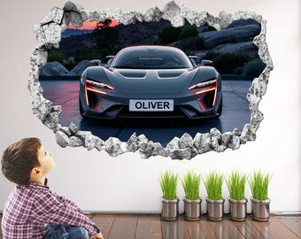 Personalised Grey Supercar Wall Decal: Custom Kids' Names, Bedroom Sticker Art Mural