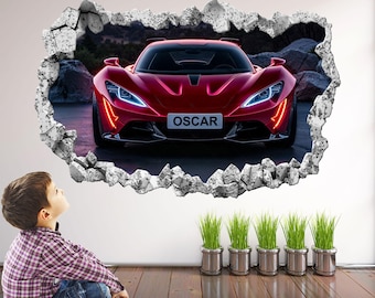 Personalised Red Supercar Wall Decal: Custom Kids' Names, Bedroom Sticker Art Mural