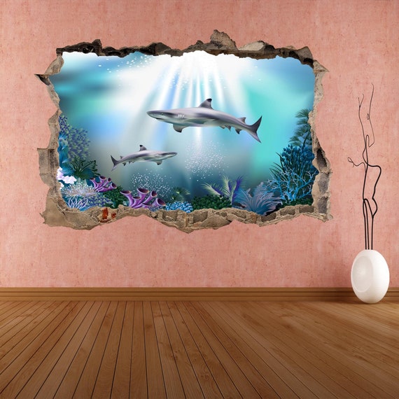 Shark Wall Decal Sticker Mural Poster Print Art Kids Bedroom Etsy