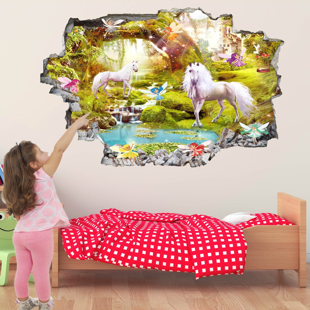 Unicorn Fairies Enchanted Forest Fantasy Wall Sticker Mural Decal Print ...