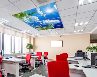 Sky LED Ceiling Panel Lights - Blue Sky with Clouds and Palm Trees - Artificial Sky Panels - Decorative Light Panels for Offices and Shops