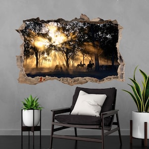 Western Cowboys Horses Sun Rays Wall Decal Sticker Mural Poster Print Art Home Decor AE18
