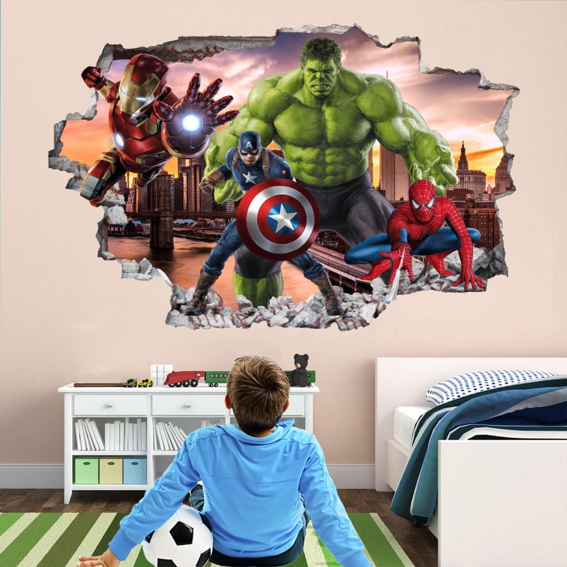 Sticker mural super-héros, affiche murale, impression d'art, Hulk Spiderman, Iron Man, Captain America, Avengers EA89 image 1
