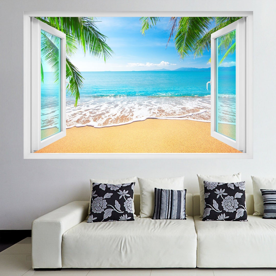 Autocollant Mural Repositionnable Plage & Palmiers - Vue Fenêtre 3 Pieds (90 Cm)