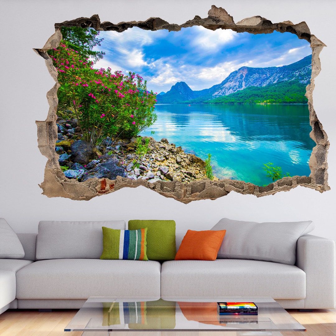 Mountain River Flowers Landscape Wall Decal Sticker Mural Poster Print ...