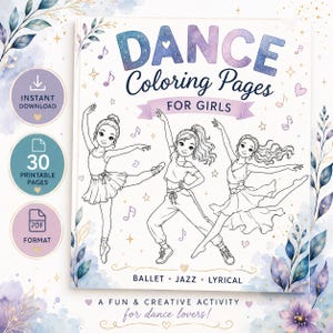 Peut inclure: Une couverture de livre de coloriage intitulée DANCE Coloring Pages FOR GIRLS avec trois illustrations au trait de danseurs dans des poses de ballet, jazz et lyrique. La couverture inclut le texte BALLET JAZZ LYRICAL et A FUN & CREATIVE ACTIVITY.