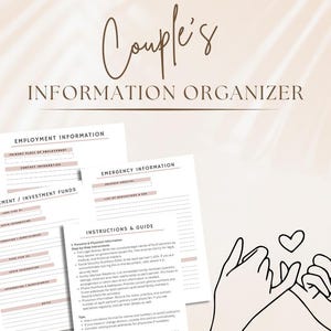 May include: A Couples Information Organiser with sections for employment, emergency, and retirement information. The pages are white with light pink accents and headings. The title is in a handwritten style font. A line drawing of two hands making a pinky promise.