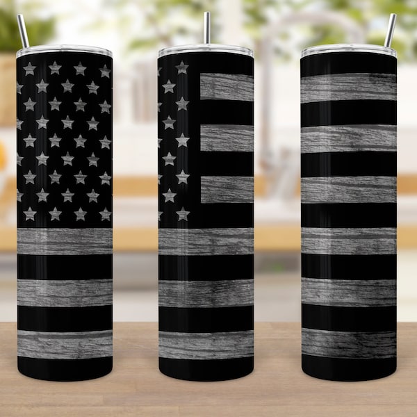 USA Black and Grey Distressed Flag Skinny Tumbler Sublimation Design. Digital Download Files