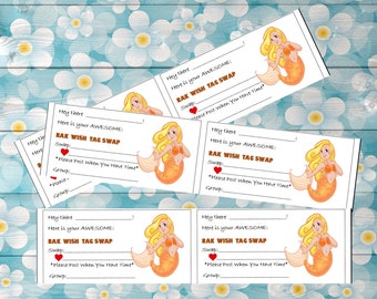 May include: Several white rectangular tags with a mermaid illustration and text. The mermaid has blonde hair and an orange tail. The text includes "RAK WISH TAG SWAP" and prompts for information.