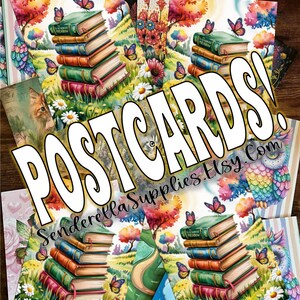 Carte postale Livres et papillons avec des arcs-en-ciel