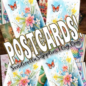May include: A stack of watercolor postcards featuring floral designs with butterflies. The postcards are blue with white and yellow flowers and butterflies. The text "POSTCARDS!" is superimposed on the image. The text "CinderellaSupplies.Etsy.com" is also visible.
