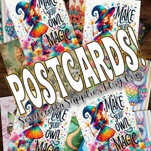 May include: A set of colorful postcards featuring a witch character with the text "Make your own magic". The postcards are arranged in a collage with a wooden background.
