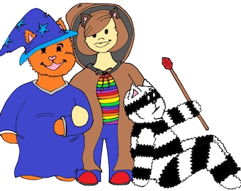 May include: Three cartoon characters dressed in costumes. A blue and orange cat wearing a wizard hat, a brown and white cat wearing a striped costume, and a person wearing a brown hooded cloak with a rainbow stripe.
