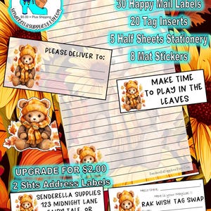 May include: A stationery set with a fall theme, featuring a teddy bear wearing a hat and scarf. The set includes address labels, tags, and stationery sheets. Text includes "Make Time To Play In The Leaves" and "Please Deliver To:"