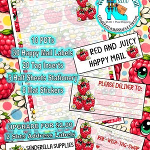 Puede incluir: Conjunto de papelería con diseño de frambuesa, que incluye etiquetas, insertos y pegatinas. El texto dice "Red and Juicy Happy Mail" y "Please Deliver To:" con una oferta de "Wednesday Special". También incluye etiquetas de dirección.