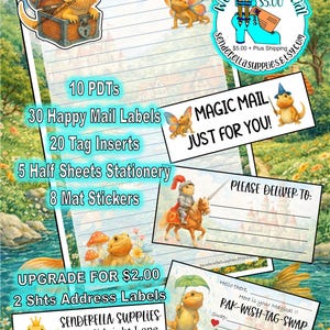May include: A collection of stationery items featuring fantasy-themed illustrations. Includes labels, inserts, and stickers with images of a dragon, a knight, and a unicorn. Text includes "MAGIC MAIL JUST FOR YOU!" and "SENDERELLA SUPPLIES".