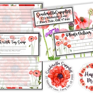 May include: Printable set of red poppy flower themed stationery, including a letter writing sheet, a Rak Wish Tag Swap card, a return address label, a delivery label, and a round sticker that says "Happy Mail".