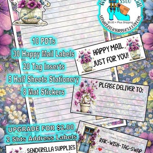 Pode incluir: Uma coleção de artigos de papelaria com desenhos florais. Inclui etiquetas, inserções, adesivos e folhas de papelaria. O texto inclui "Happy Mail", "Please Deliver To" e "Senderella Supplies". O fundo apresenta um padrão floral.