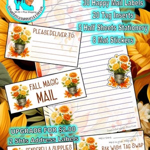 May include: A stationery set with a fall theme, featuring labels, inserts, and stickers. The design includes watercolor illustrations of orange and yellow flowers in a metal bucket. Text includes "Fall Magic Mail" and "Please Deliver To:"