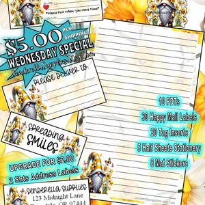 May include: A digital printable set of 10 printable items for a tag swap party. The set includes 30 happy mail labels, 20 tag inserts, 5 half sheets of stationery, 8 mat stickers, and a delivery to card. The design features a gnome with a yellow and white hat, surrounded by yellow daffodils and butterflies.