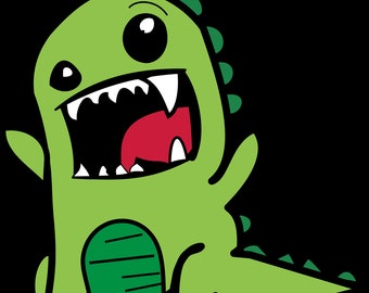 May include: A green cartoon dinosaur with a wide open mouth, showing sharp teeth and a red tongue. The dinosaur has large, black eyes and a friendly expression.