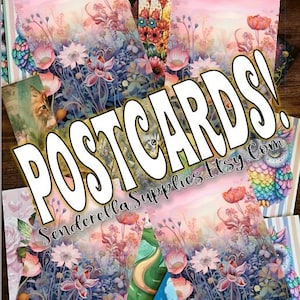 Könnte beinhalten: Eine Sammlung bunter Postkarten mit fantasievollen Illustrationen von Blumen, Tieren und Landschaften. Die Postkarten sind in einem Stapel angeordnet und tragen den Text "POSTCARDS!  Sendearella Supplies Etsy.com".