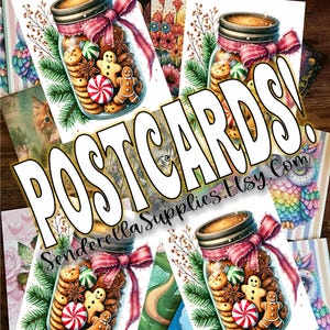 Peut inclure: Cartes postales avec une illustration à l'aquarelle d'un bocal rempli de biscuits, de bonhommes en pain d'épices et de bonbons, noué d'un ruban rouge. Le mot "POSTCARDS!" est en grandes lettres blanches.