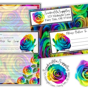 May include: A printable set of digital papers featuring rainbow roses. The papers include a letterhead, a gift tag, a shipping label, a round sticker, and a rectangular label. The text on the labels reads "Senderella Supplies 123 Midnight Lane Fairy Tale, OR 97444".