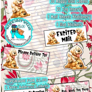 May include: A digital printable pack with a whimsical dog theme. The pack includes 10 printable digital downloads: 30 happy mail labels, 20 tag inserts, 5 half sheets of stationery, 8 mat stickers, and 2 sheets of address labels. The pack also includes a "Wednesday Special" price of $5.00 plus shipping.